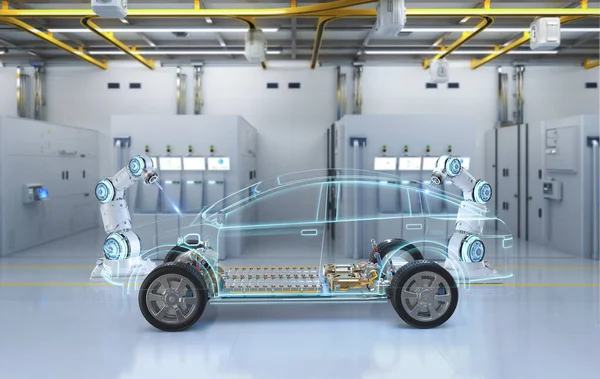 Automatizace Automobilky Koncept Vykreslování Robot Montážní Linka Elektrickým Automobilu Baterie — Stock fotografie