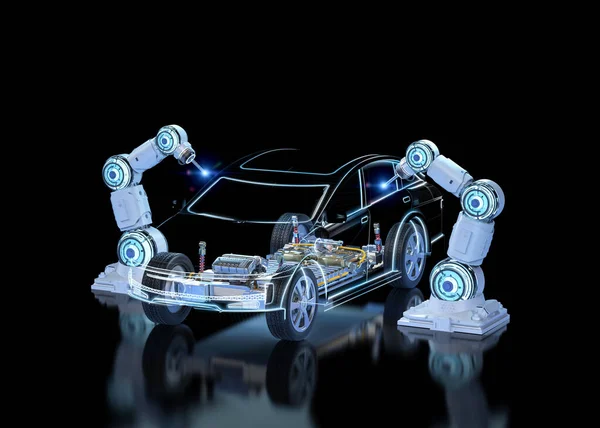 Automazione Concetto Fabbrica Automobilistica Con Linea Assemblaggio Robot Rendering Con — Foto Stock