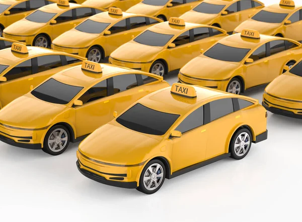 3Dレンダリング白い背景に黄色のEvタクシーや電気自動車の多く — ストック写真