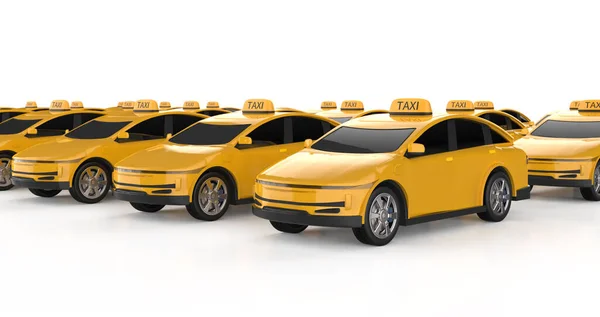 Rendering Massor Gula Taxibilar Eller Elektriska Fordon Vit Bakgrund — Stockfoto