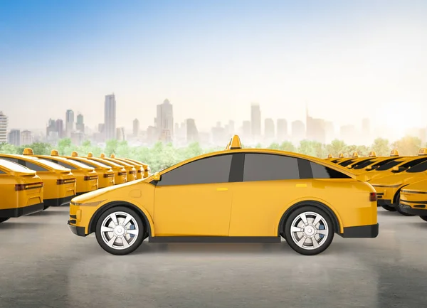 3Dレンダリング黄色のEvタクシーや市内の電気自動車 — ストック写真