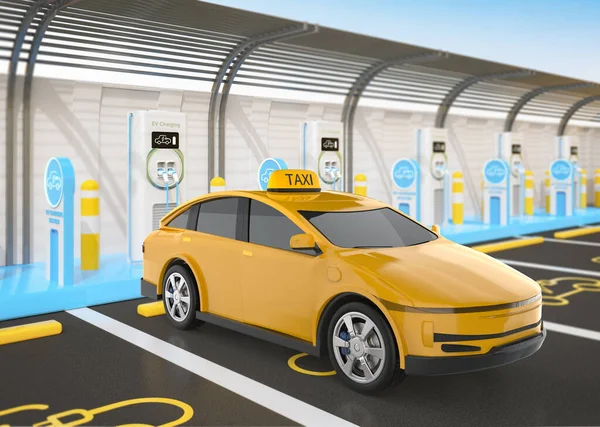 Rendering Gele Taxi Elektrische Voertuig Plug Met Oplaadstation — Stockfoto
