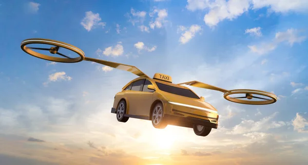 3Dレンダリング電気飛行黄色の車と運転なしタクシーまたは自律タクシー — ストック写真