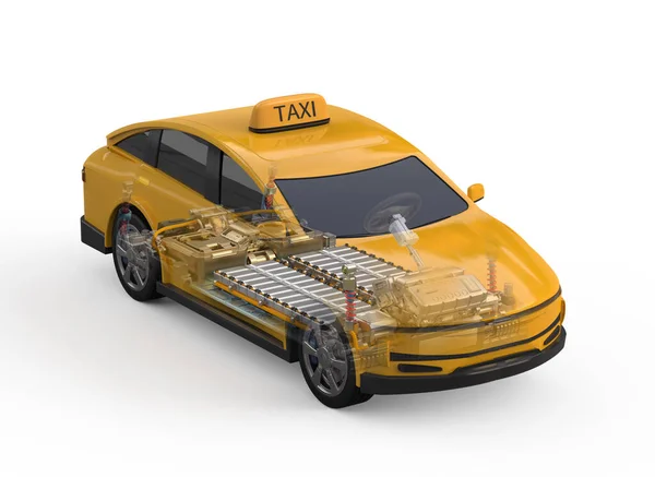 Rendering Yellow Taxi Electric Vehicle Pack Battery Cells Module Platform — Stock Photo, Image