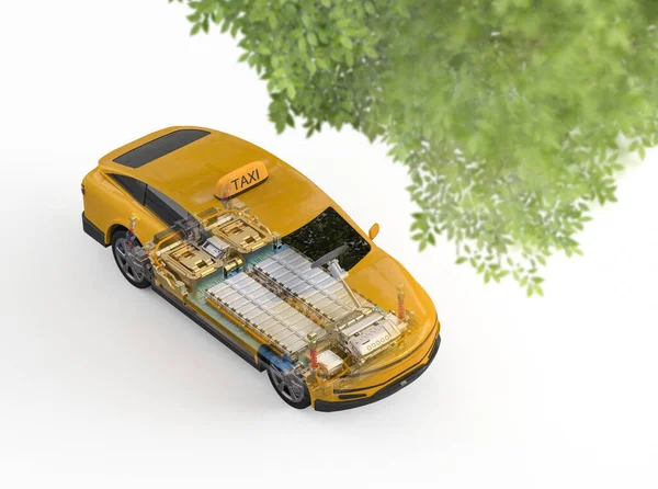 3Dプラットフォーム上で電池セルモジュールのパックと黄色のEvタクシーや電気自動車をレンダリング — ストック写真