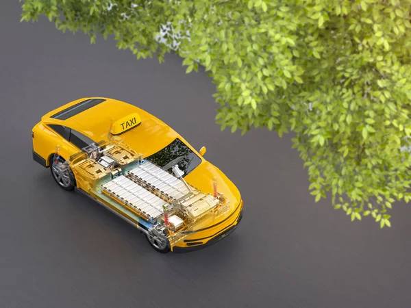 Απόδοση Κίτρινο Ταξί Ηλεκτρικό Όχημα Πακέτο Κυψελών Μπαταρίας Στην Πλατφόρμα — Φωτογραφία Αρχείου