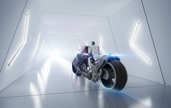 トンネル速度でバイクに乗って3Dレンダリングロボットとレーシング技術 — ストック写真