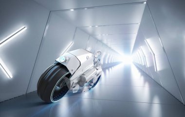 Yarış teknolojisi 3D model robot motorsikletle tünelde hız yapıyor.