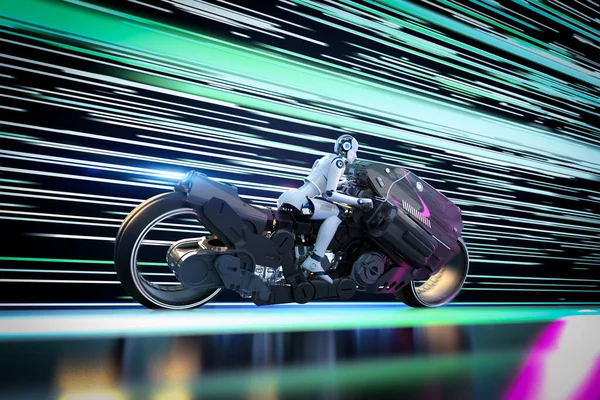 Tecnología Carreras Con Robot Renderizado Montando Moto Con Velocidad Túnel — Foto de Stock