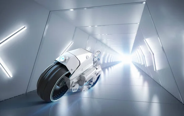 トンネル速度でバイクに乗って3Dレンダリングロボットとレーシング技術 — ストック写真