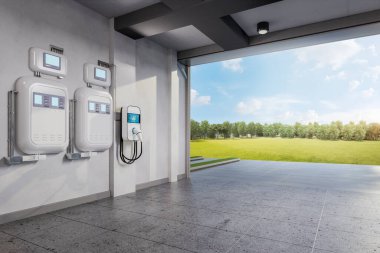 3D ev içi garajı şarj cihazıyla donatılmış.