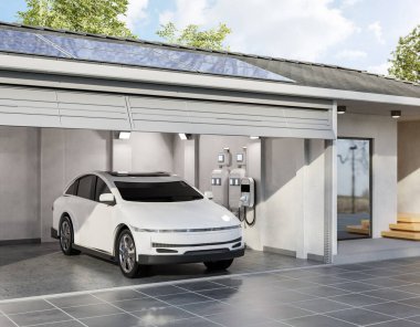 3d rendering solar panel on roof generate electricity for home garage with ev charger clipart