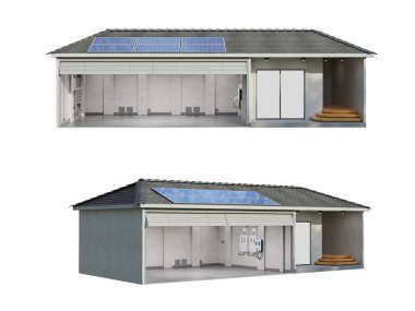 Çatıdaki 3 boyutlu güneş paneli modellemesi ev garajı için elektrik üretiyor ve her şarj cihazı beyaz renkte.