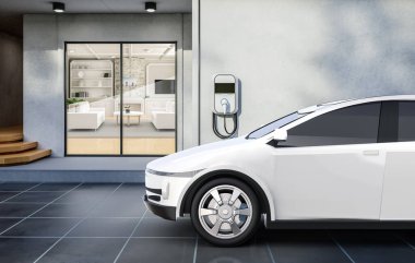 3D ev içi garajı şarj cihazıyla donatılmış.
