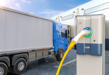 3d rendering ev logistic trailer truck or electric vehicle lorry at charging station