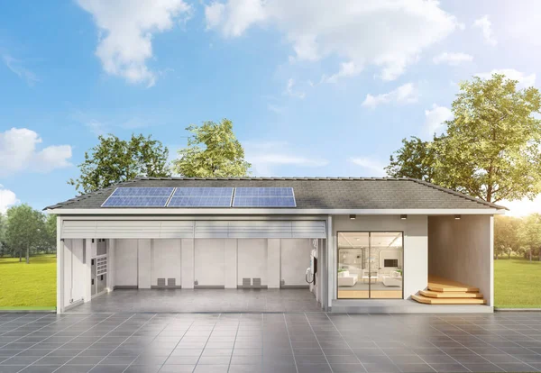 Renderowania Panelu Słonecznego Dachu Generować Energię Elektryczną Dla Domu Garaż — Zdjęcie stockowe