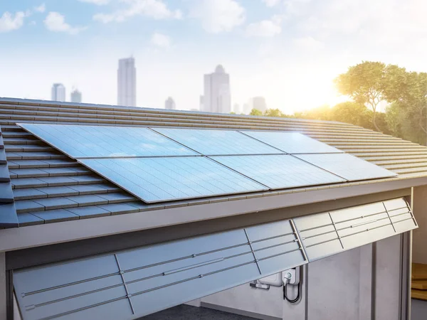 Renderização Painéis Solares Telhado Casa Gerar Eletricidade Para Uso Doméstico — Fotografia de Stock