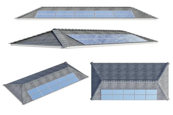 Vykreslovací Sada Solárních Panelů Střeše Izolované Bílém — Stock fotografie