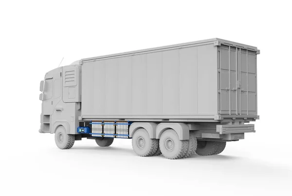 3DレンダリングEvロジスティックトレーラートラックまたは白の背景にバッテリー付き電気自動車のローリーモデル — ストック写真