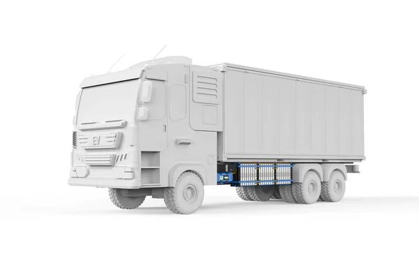 3DレンダリングEvロジスティックトレーラートラックまたは白の背景にバッテリー付き電気自動車のローリーモデル — ストック写真