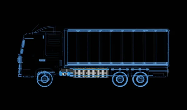 3DレンダリングスキャンEv物流トレーラートラックまたは黒の背景にバッテリー付き電気自動車のローリー — ストック写真