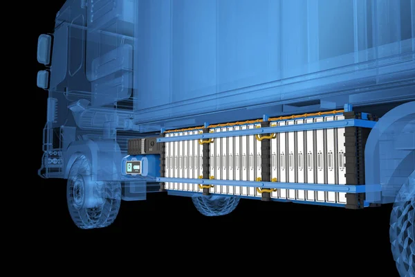 3d rendering scan ev logistic trailer truck or electric vehicle lorry with battery on black background