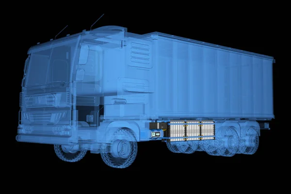 3d rendering scan ev logistic trailer truck or electric vehicle lorry with battery on black background