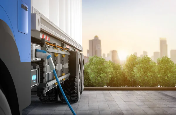 3d rendering ev logistic trailer truck or electric vehicle lorry at charging station