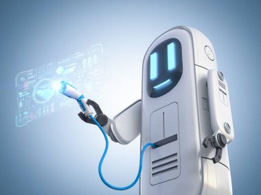 Otomatik elektrik yükleme istasyonu konsepti ve 3D robot el yapımı EV şarj cihazı.