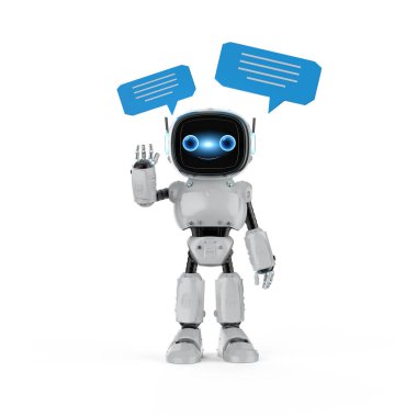 3D sohbet robotu ya da asistan robot sohbeti konuşma baloncuğu eliyle selamlamak için kaldırılıyor
