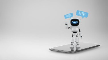 3D sohbet robotu ya da yardımcı robot cep telefonundaki konuşma baloncuğuyla sohbet ediyor