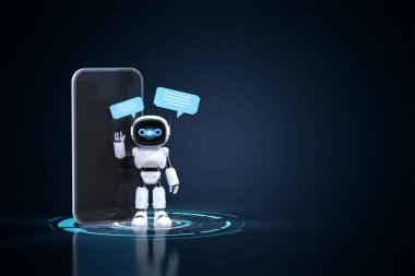 3D sohbet robotu ya da yardımcı robot cep telefonundaki konuşma baloncuğuyla sohbet ediyor