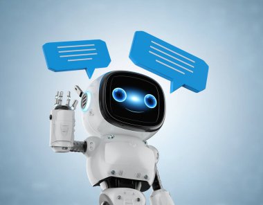 3D sohbet robotu ya da asistan robot sohbeti konuşma baloncuğu eliyle selamlamak için kaldırılıyor