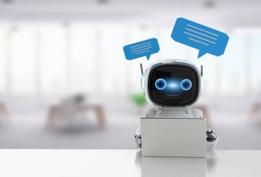 3D sohbet robotu ya da yardımcı robot ofiste konuşma baloncuğuyla sohbet ediyor