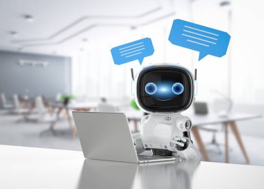 3D sohbet robotu ya da yardımcı robot ofiste konuşma baloncuğuyla sohbet ediyor