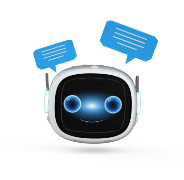 3D sohbet robotu ya da yardımcı robot konuşma balonuyla sohbet ediyor