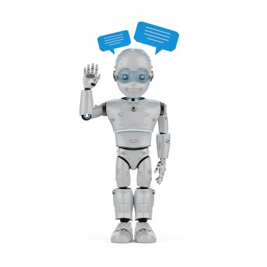 3D görüntüleme sohbet robotu veya asistan robot sohbet balonu ile selamlama için el kaldırın