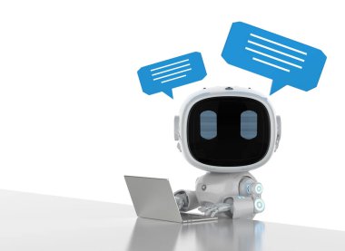 3D sohbet robotu ya da yardımcı robot konuşma balonuyla sohbet ediyor