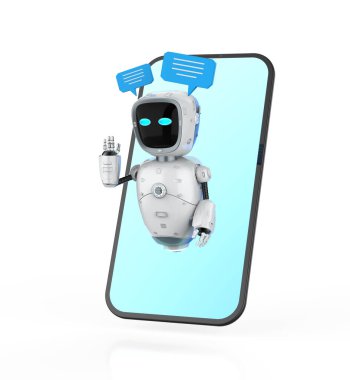 3D sohbet robotu ya da yardımcı robot konuşma balonuyla sohbet ediyor