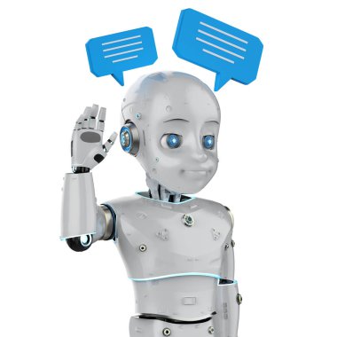 3D görüntüleme sohbet robotu veya asistan robot sohbet balonu ile selamlama için el kaldırın