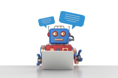 3D sohbet robotu ya da yardımcı robot konuşma balonuyla sohbet ediyor