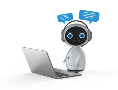 3D sohbet robotu ya da yardımcı robot konuşma balonuyla sohbet ediyor