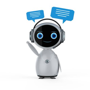 3D görüntüleme sohbet robotu veya asistan robot sohbet balonu ile selamlama için el kaldırın