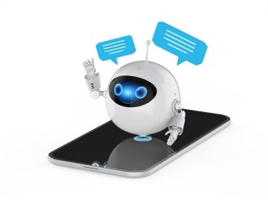 3D görüntüleme sohbet robotu veya yardımcı robot konuşma baloncuğu ile cep telefonunda sohbet
