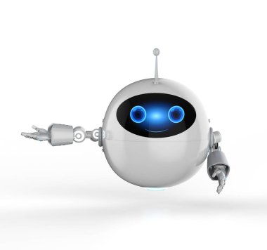 3D görüntüleme sevimli asistanı yapay zeka robotu Çizgi film karakteri eli beyaz arkaplana uzanan bacak
