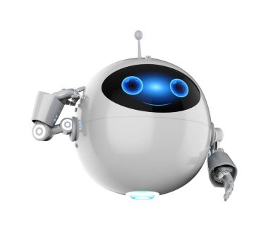 3D görüntüleme sevimli asistanı yapay zeka robotu beyaz arka planda çizgi film karakteri parmağı olan bacak yok