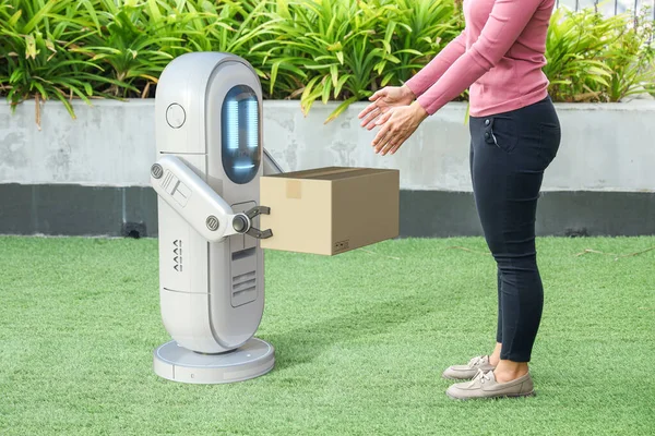 Concepto Logístico Inteligente Con Robot Asistente Entrega Renderizado Enviar Caja — Foto de Stock