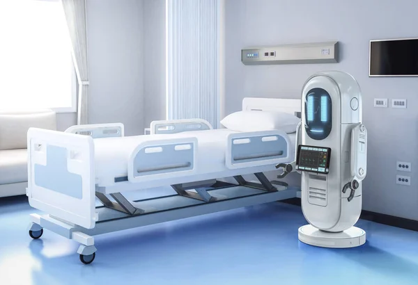 病院で患者のためのデジタルスクリーン付き3Dレンダリングアシスタントロボット — ストック写真