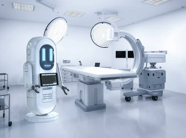 Concepto Tecnología Médica Con Robot Asistente Renderizado Con Máquina Escaneo — Foto de Stock