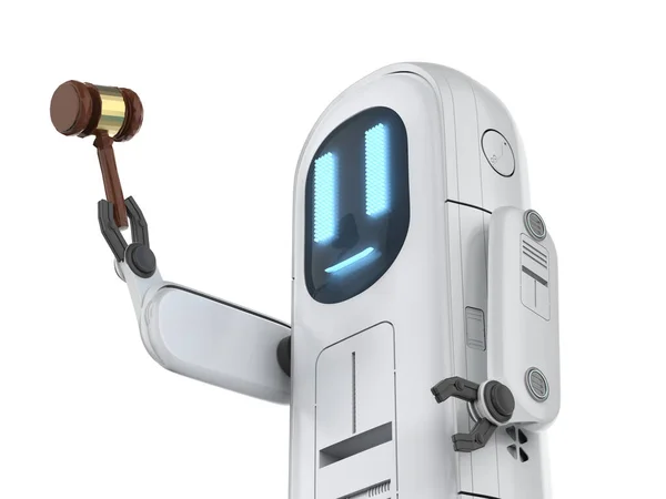Internetes Jogi Koncepció Aranyos Asszisztens Robot Hold Kalapács Bíró — Stock Fotó